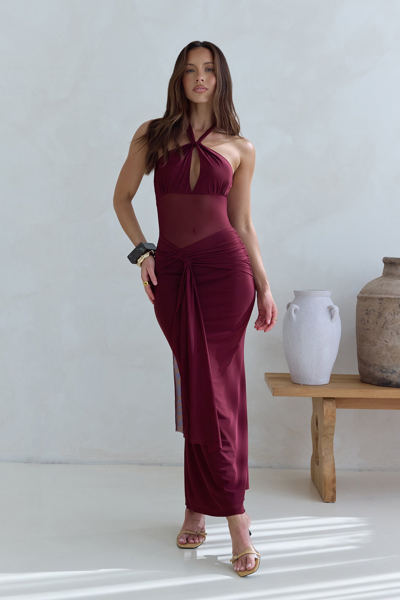 Taste Of Luxe Halter Mesh Maxi Dress Burgundy