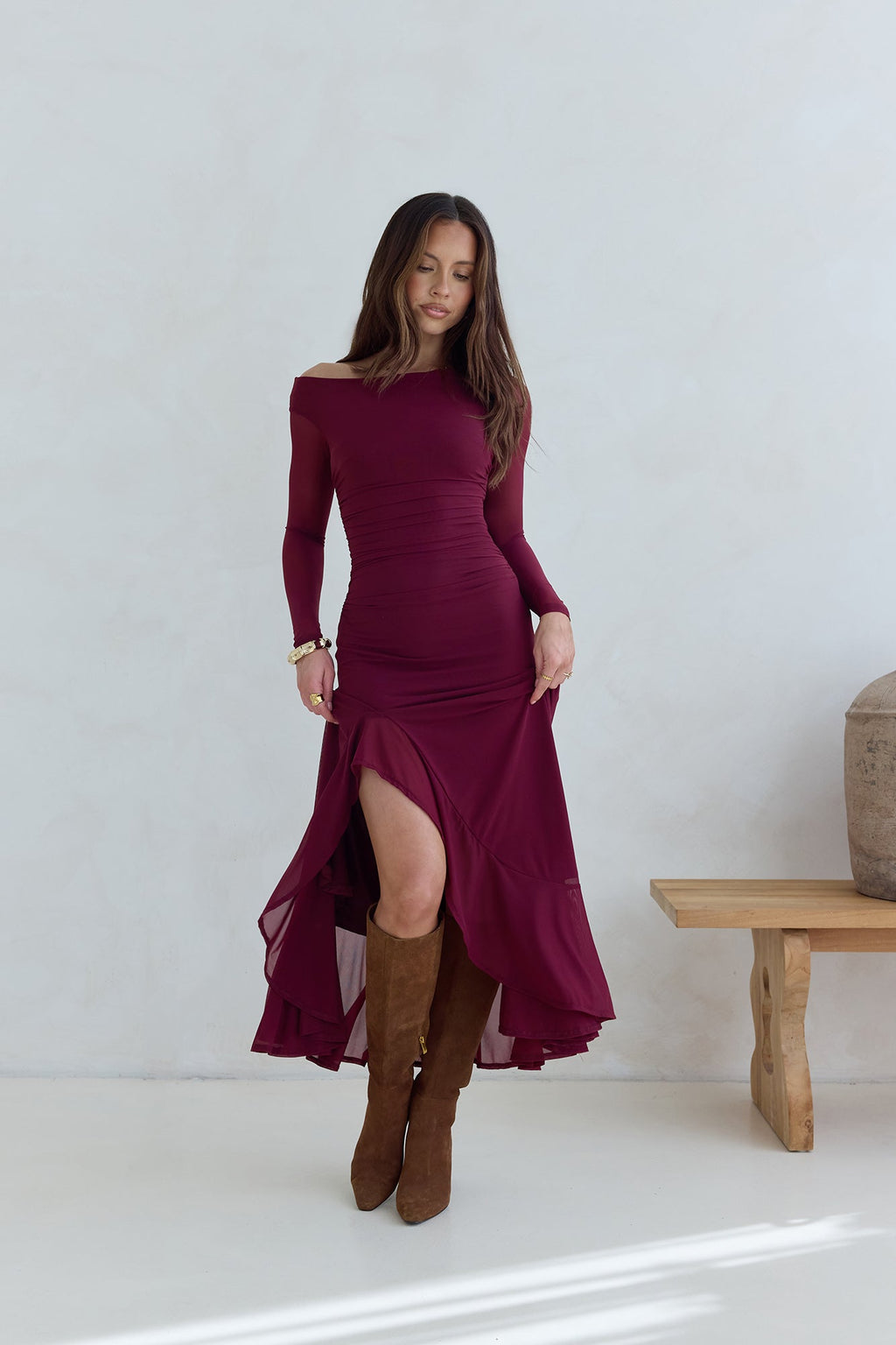 Whispered Secrets Mesh Long Sleeve Maxi Dress Wine