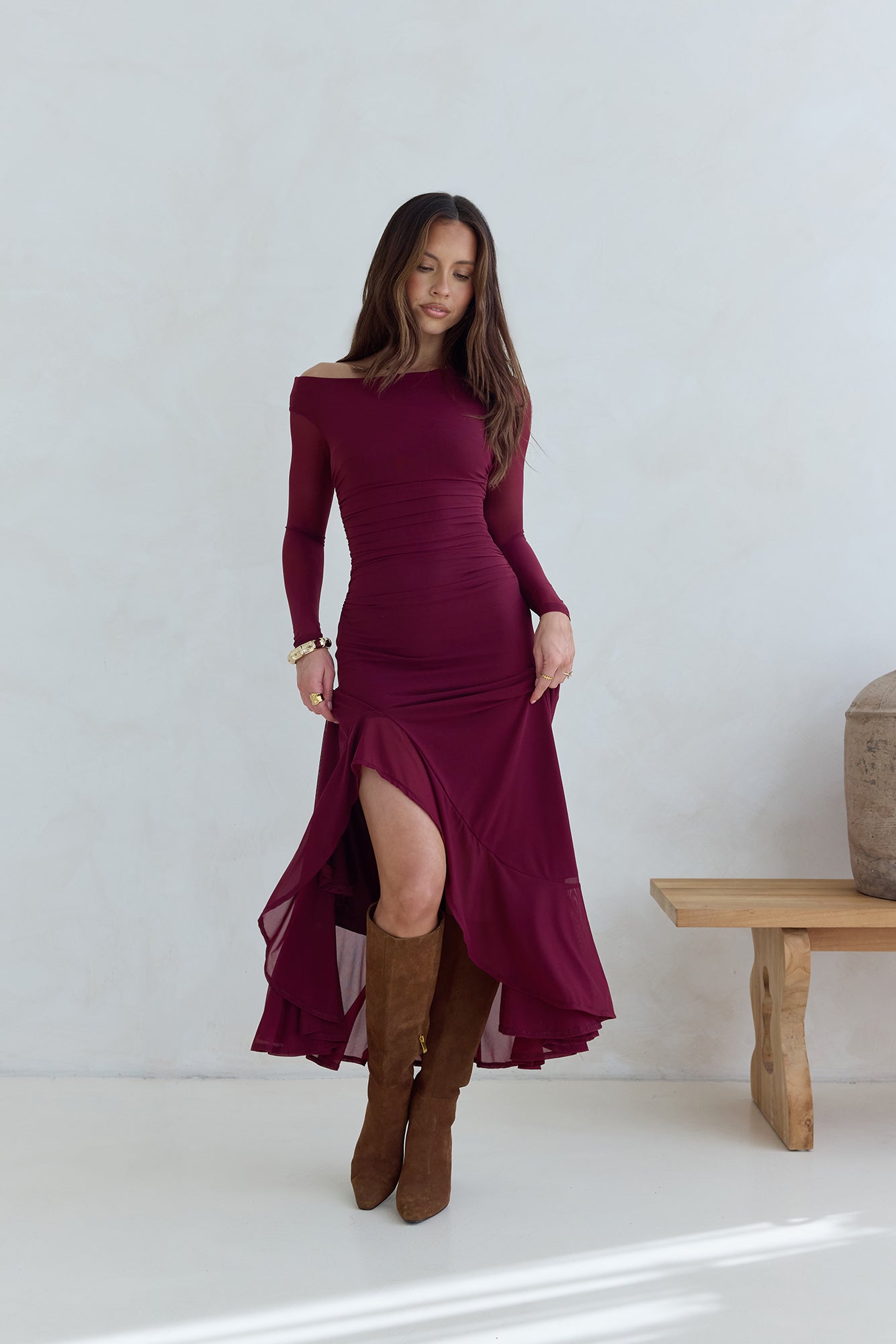 Whispered Secrets Mesh Long Sleeve Maxi Dress Wine