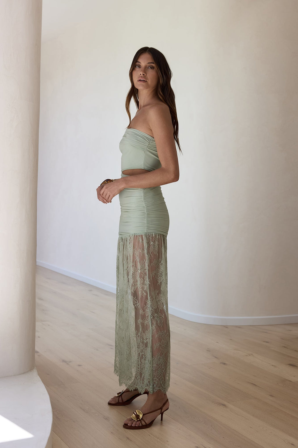 Blossoming Hearts Off Shoulder Lace Maxi Dress Sage