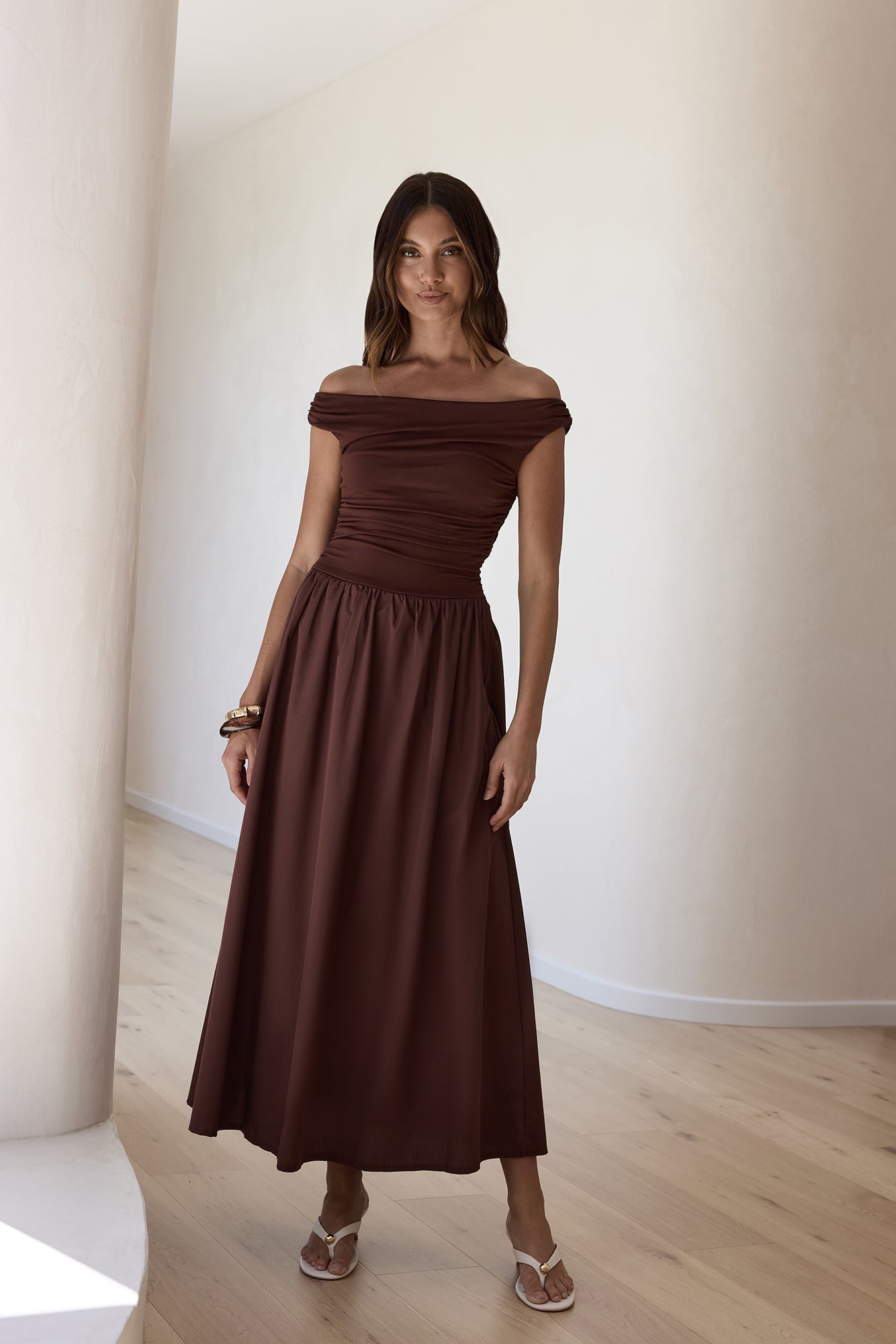 Days Of The Sun Off Shoulder Maxi Dress Chocolate