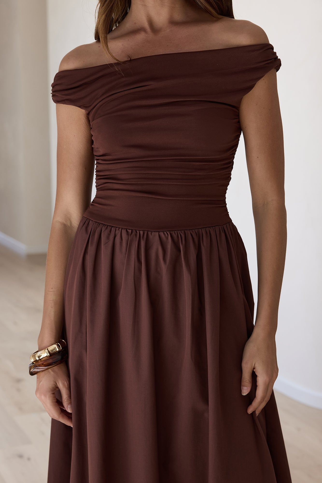 Days Of The Sun Off Shoulder Maxi Dress Chocolate