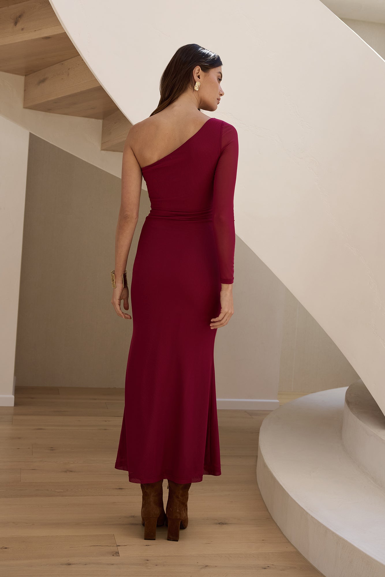 Moment Of Clarity One Shoulder Mesh Maxi Dress Plum