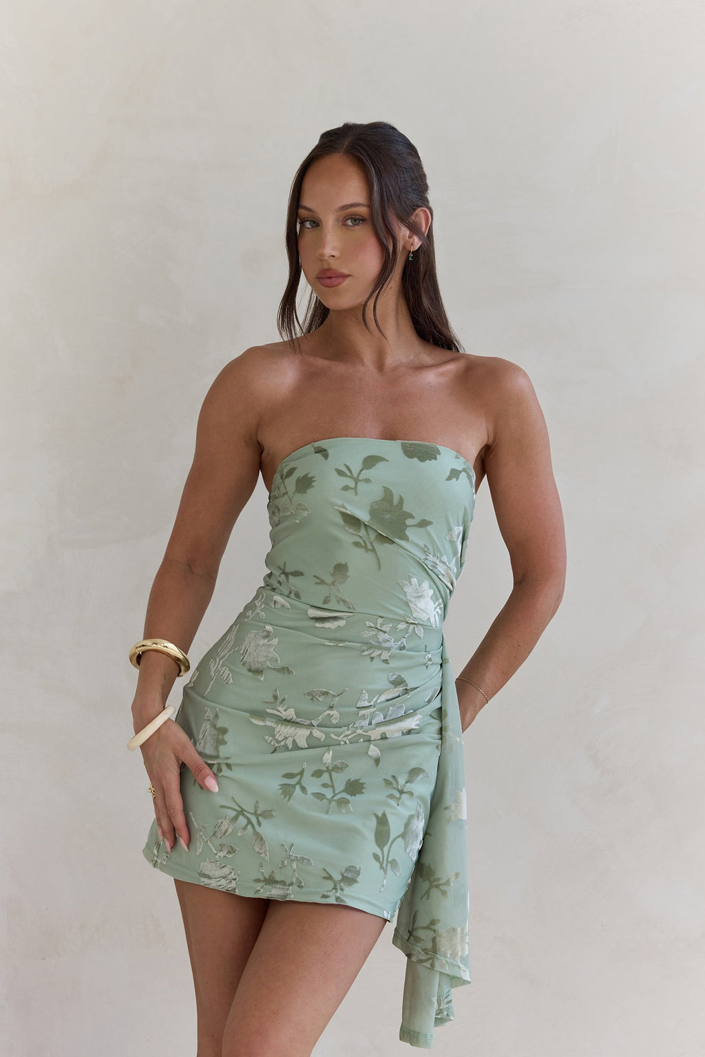 Lost In The Waves Strapless Mini Dress Sage