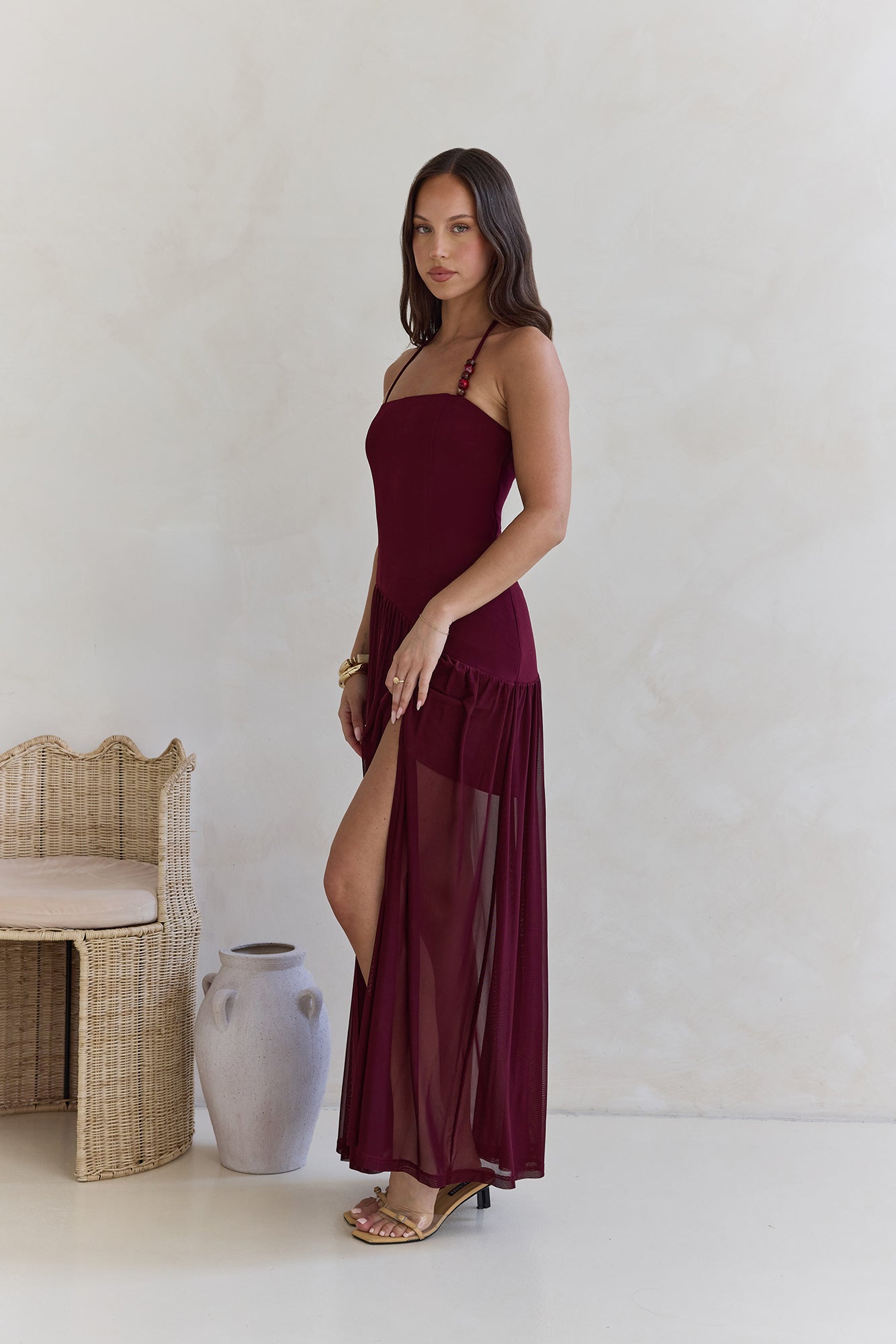 Feel The Light Halter Mesh Maxi Dress Burgundy