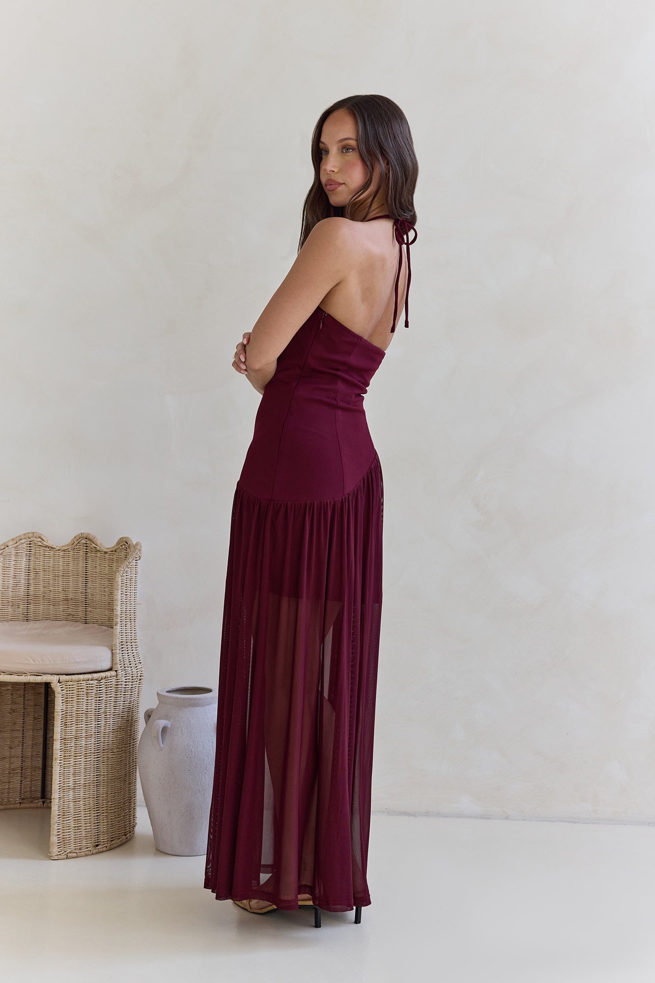 Feel The Light Halter Mesh Maxi Dress Burgundy