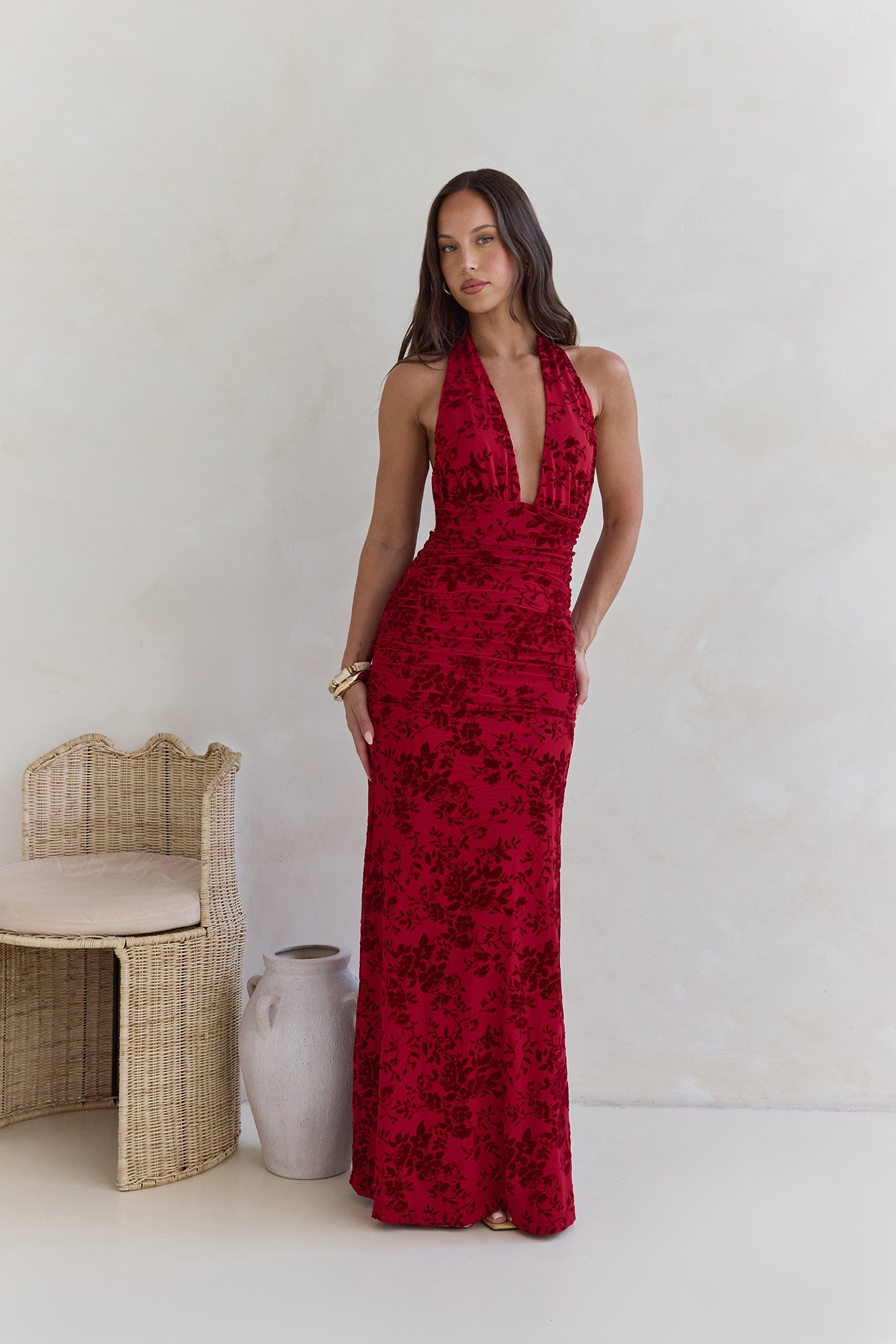 Dewy Whisper Halter Maxi Dress Wine