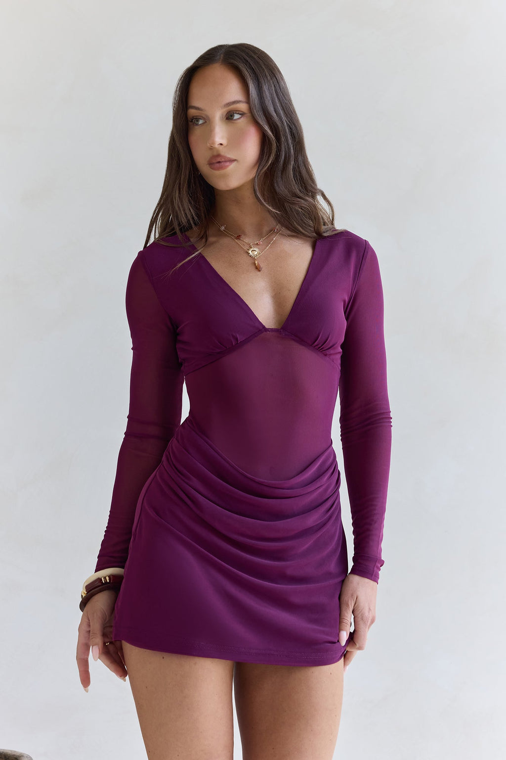 Glowing Nights Long Sleeve Mesh Mini Dress Plum