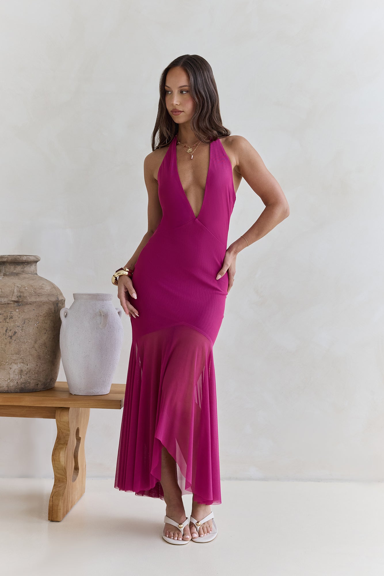 No Reason Mesh Halter Maxi Dress Plum