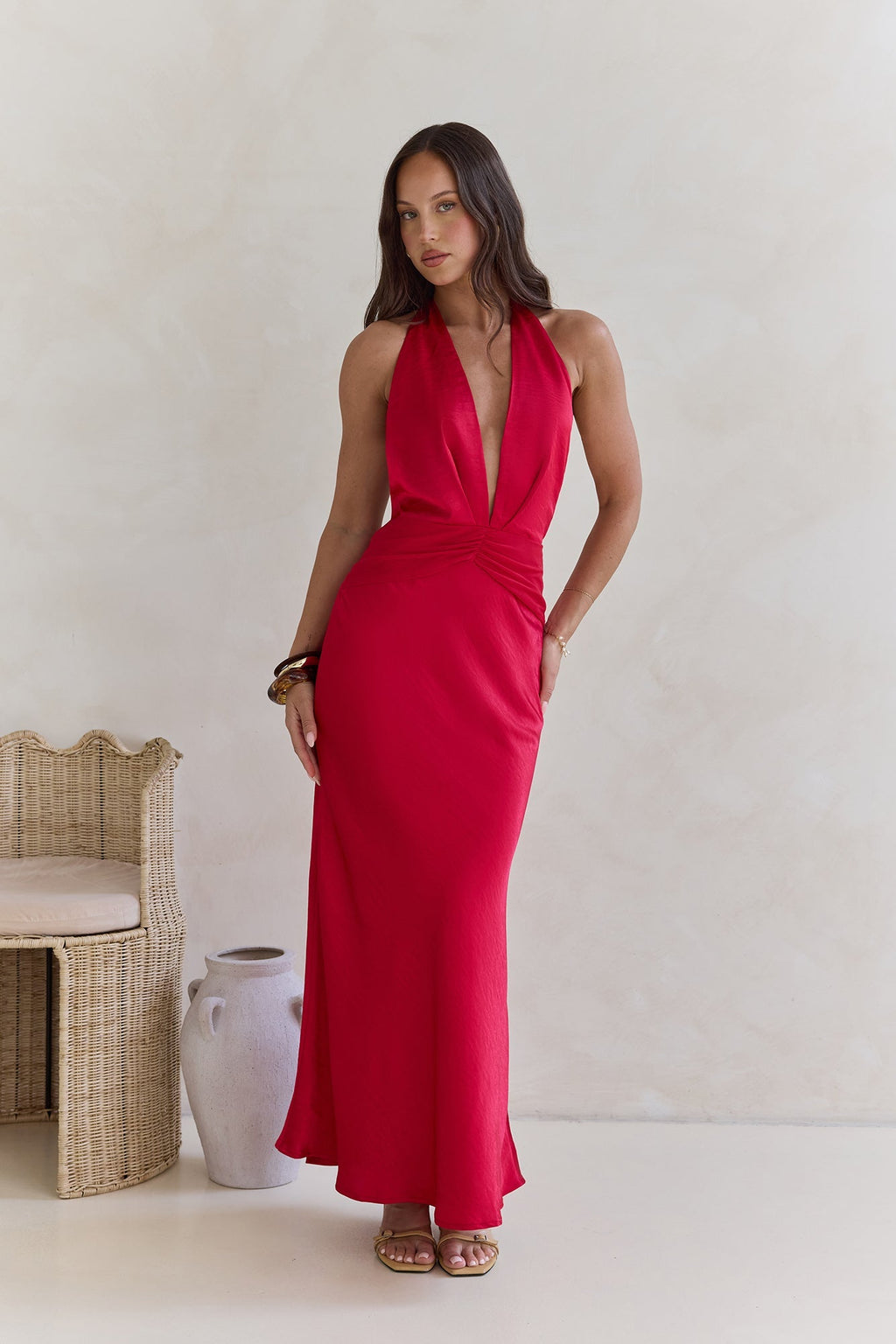 Got A Feeling Halter Satin Maxi Dress Red