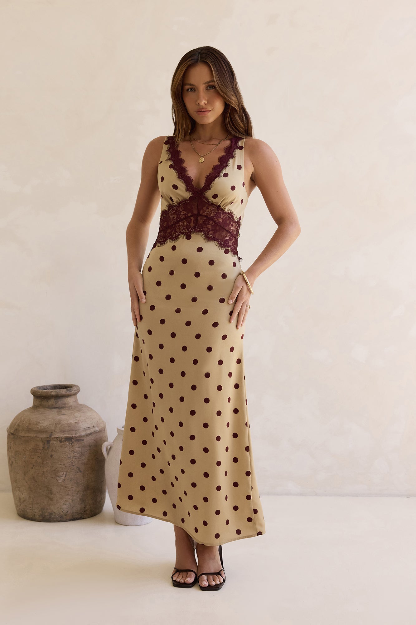 On The Sky Lace Polka Dot Maxi Dress Brown