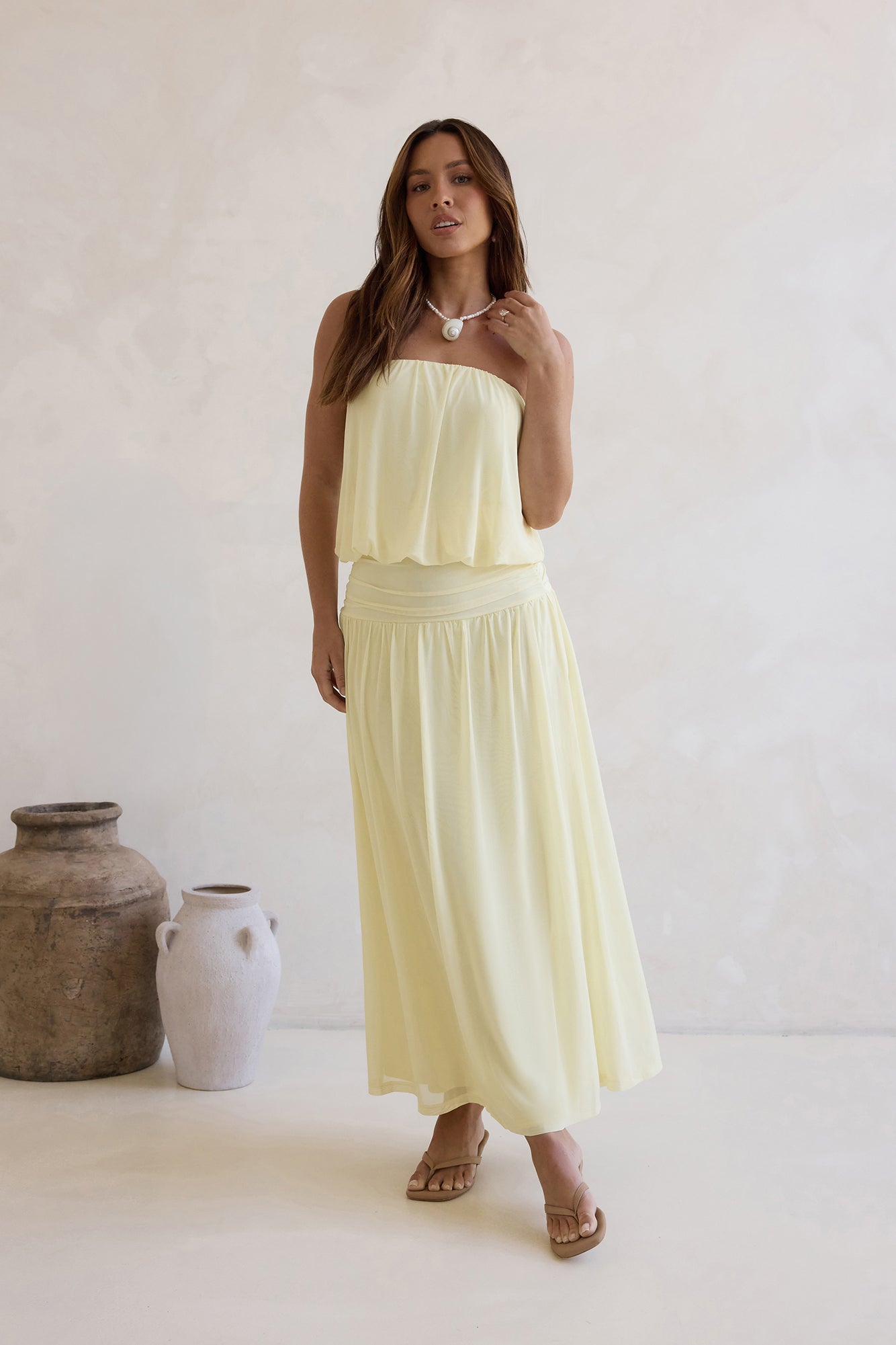 Calling Me Mesh Strapless Maxi Dress Yellow