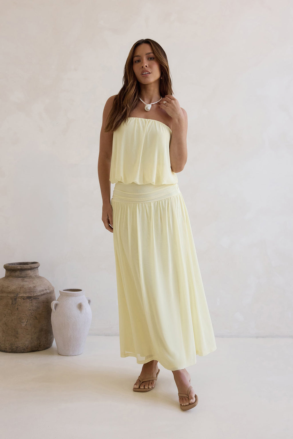 Calling Me Mesh Strapless Maxi Dress Yellow