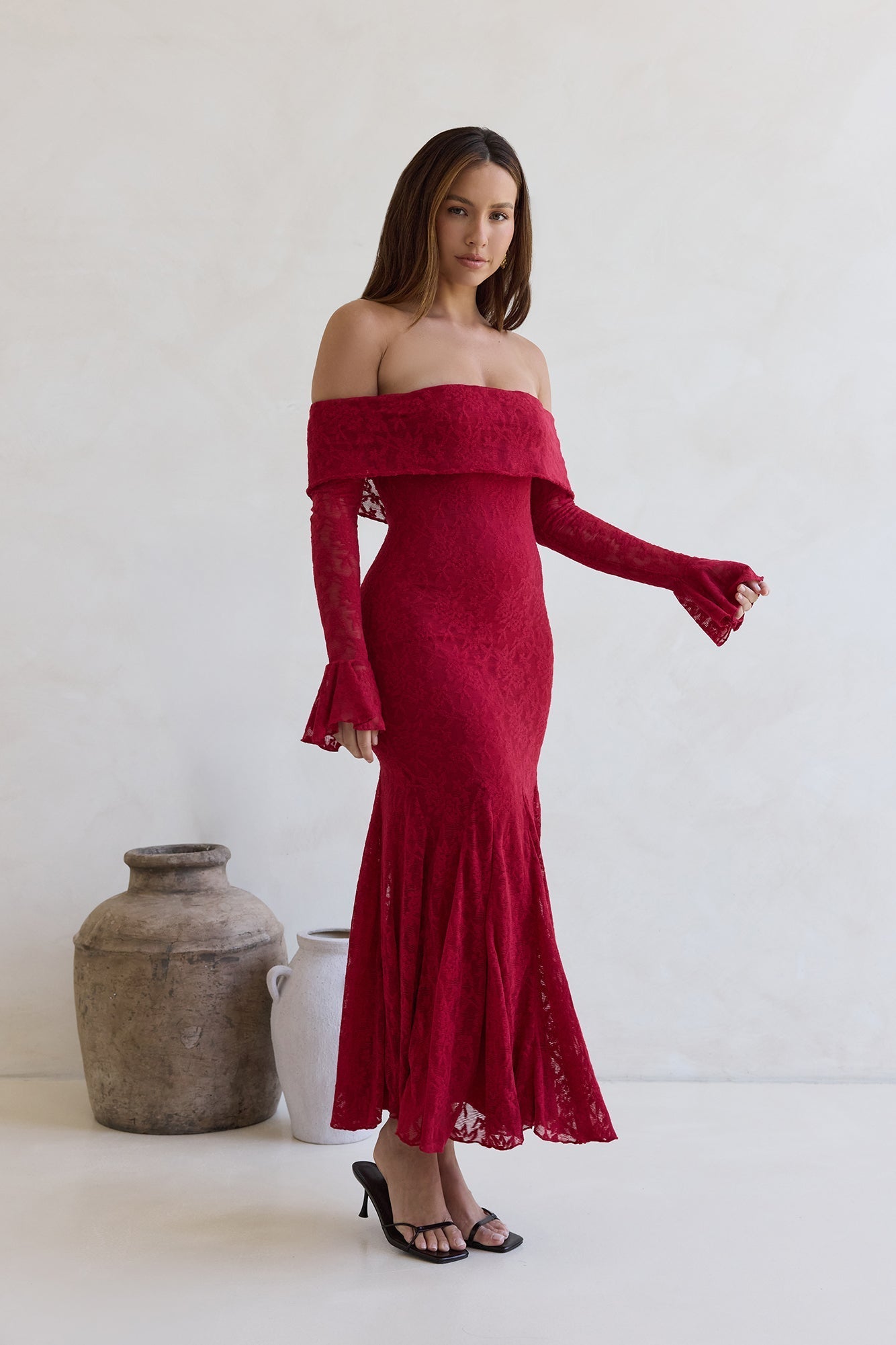 Here For Love Off Shoulder Mesh Maxi Dress Red