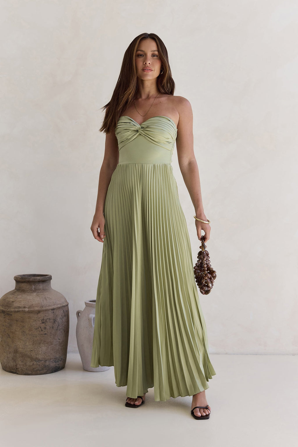 Decades Ago Plisse Strapless Maxi Dress Green