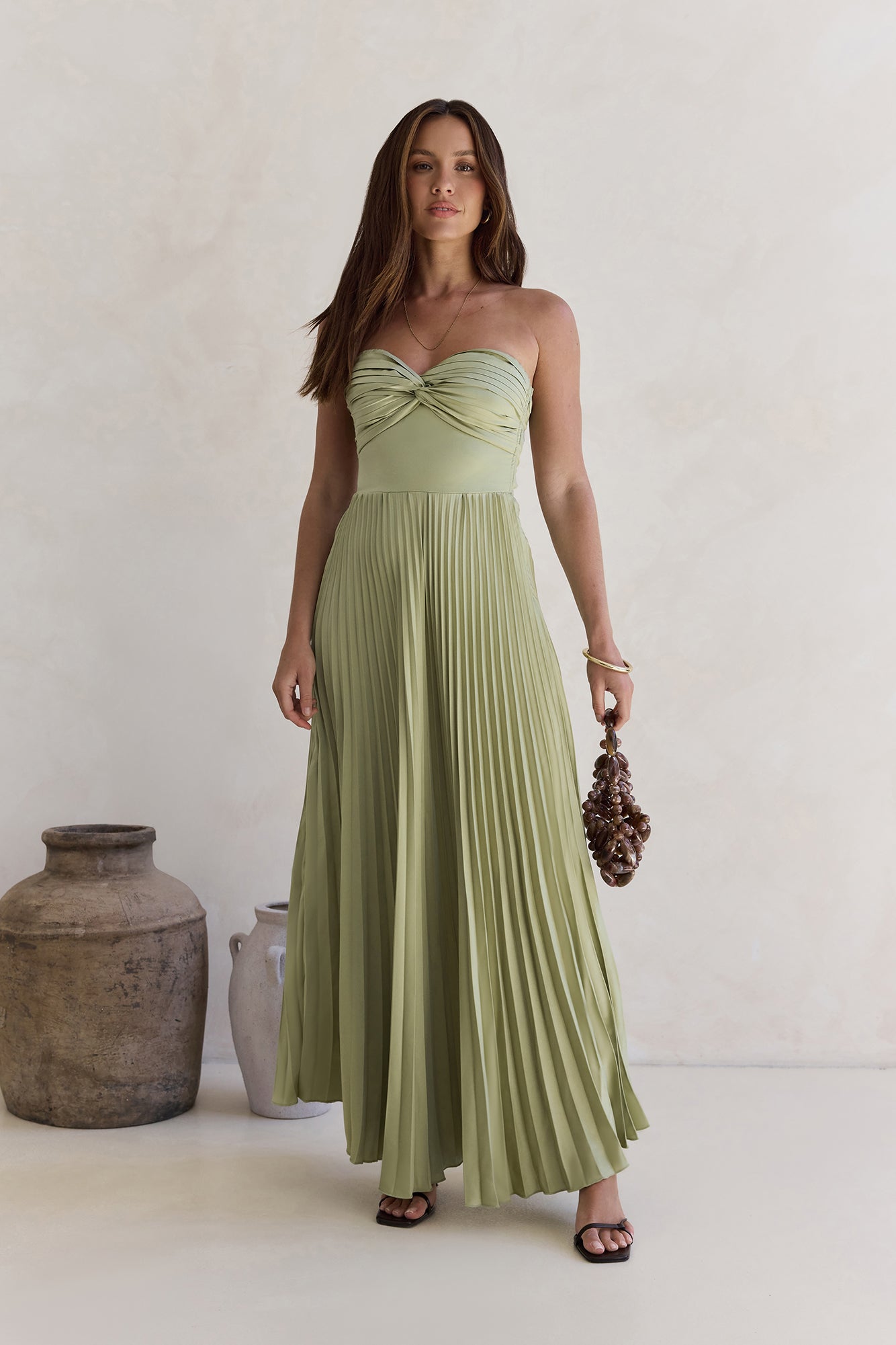 Decades Ago Plisse Strapless Maxi Dress Green