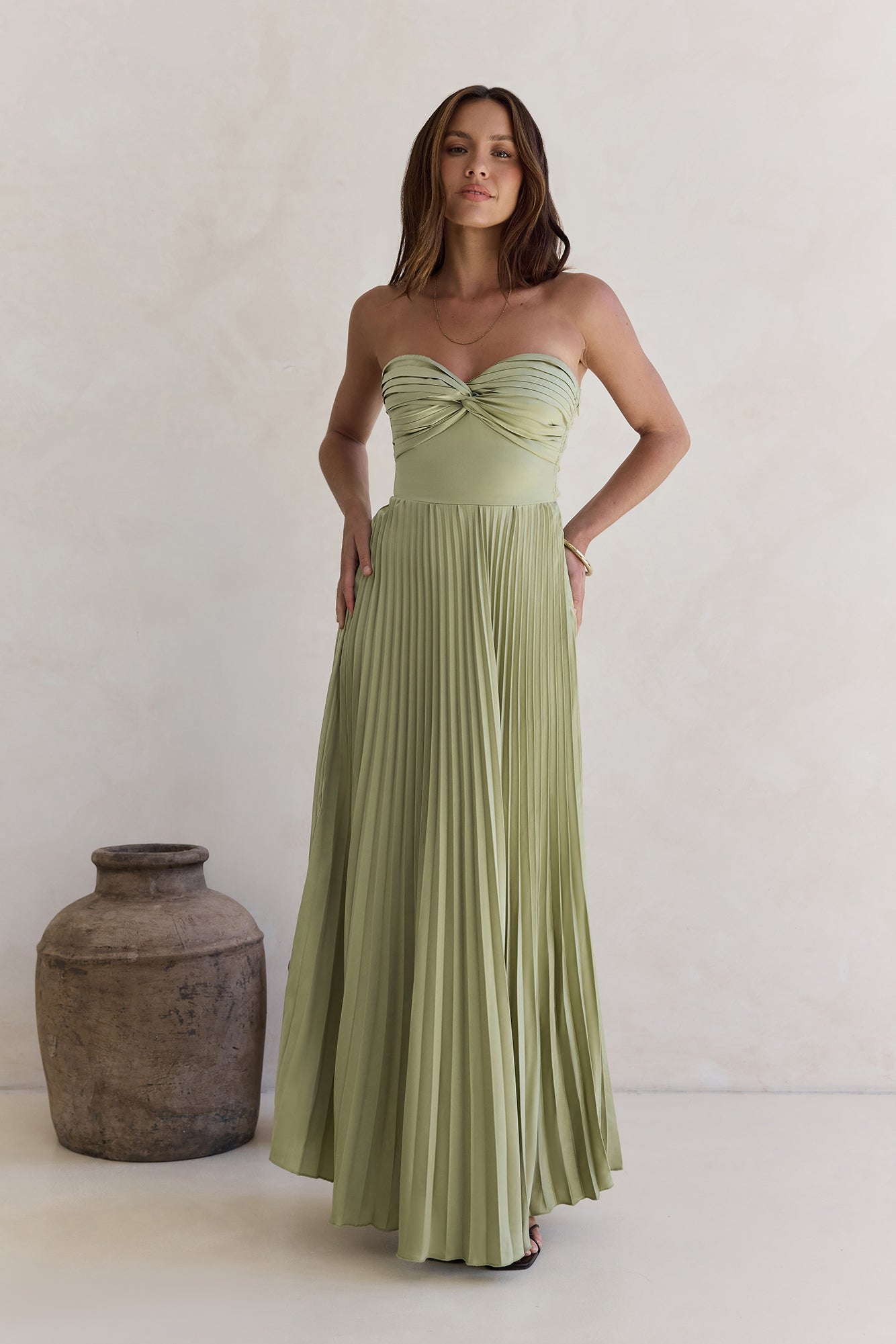 Decades Ago Plisse Strapless Maxi Dress Green