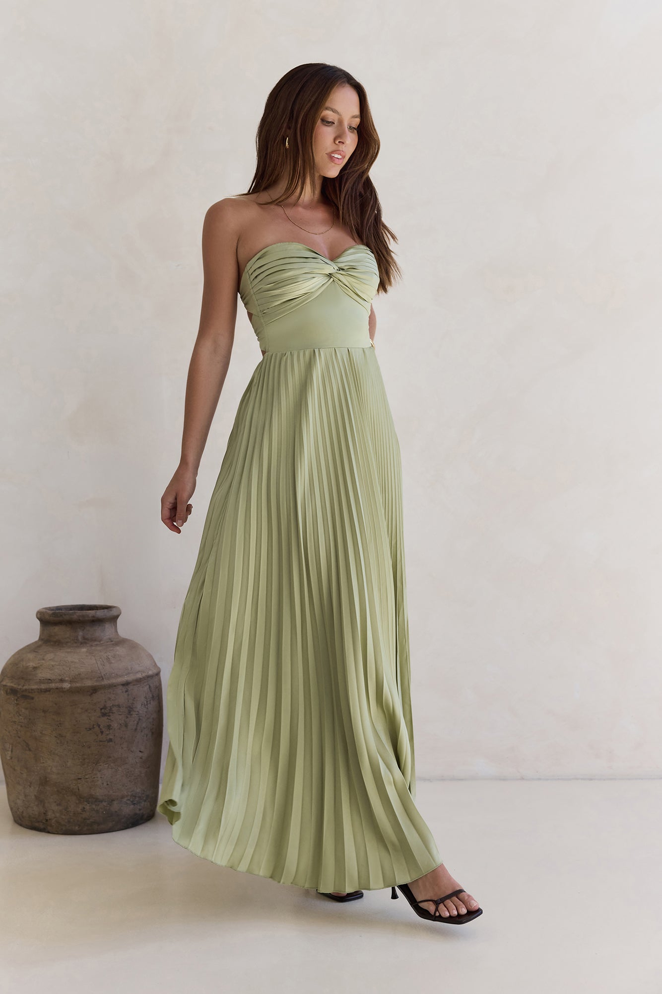 Decades Ago Plisse Strapless Maxi Dress Green