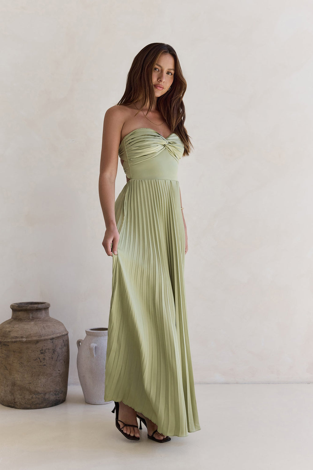 Decades Ago Plisse Strapless Maxi Dress Green