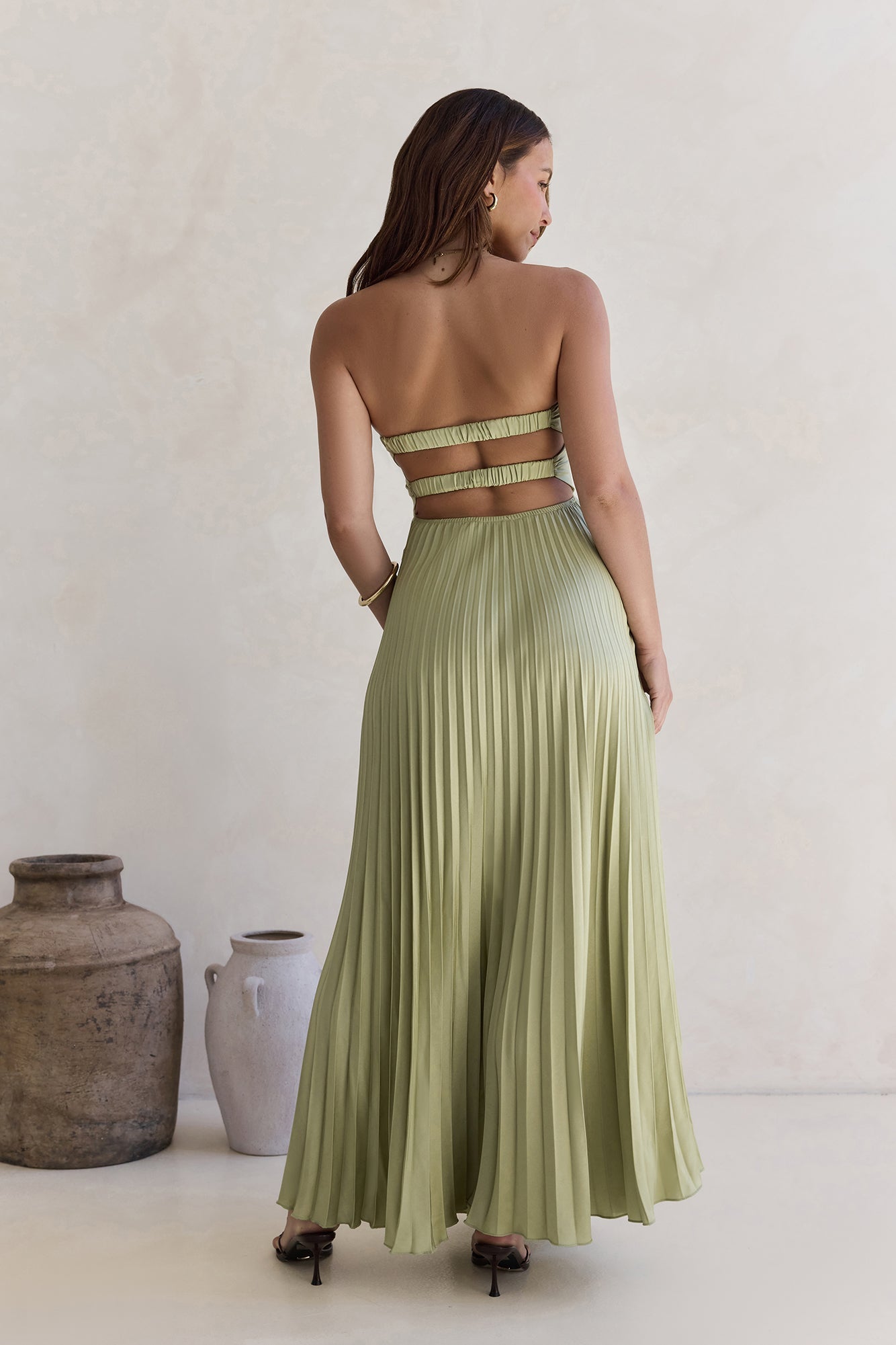 Decades Ago Plisse Strapless Maxi Dress Green