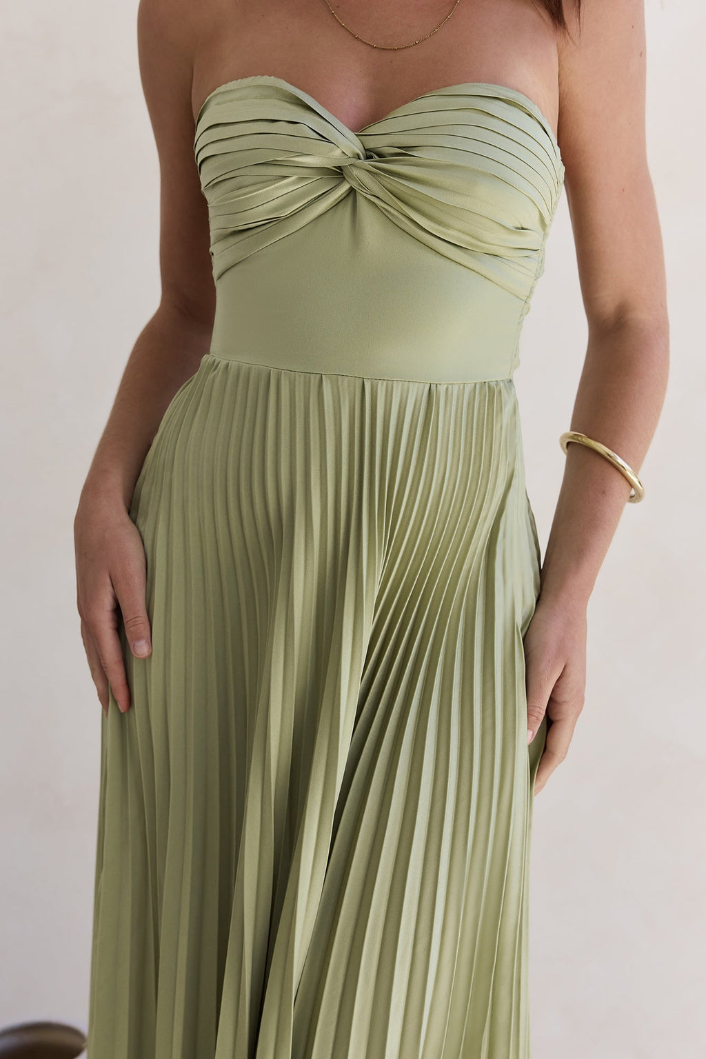 Decades Ago Plisse Strapless Maxi Dress Green