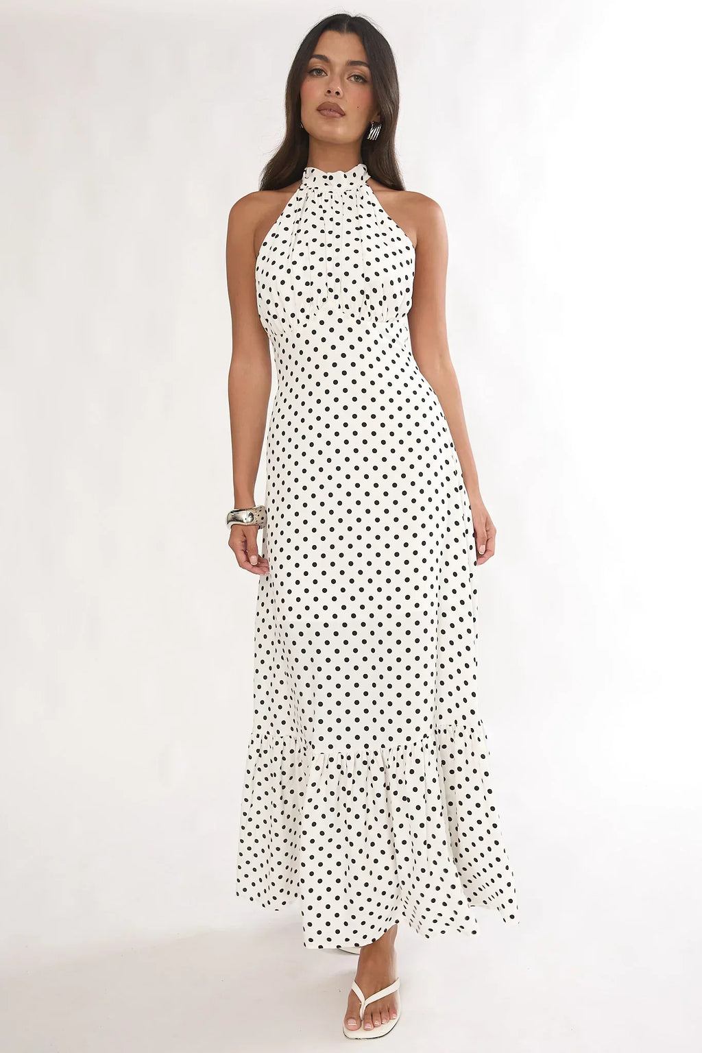 Romana High Neck Halter Maxi Dress Polka Dot White