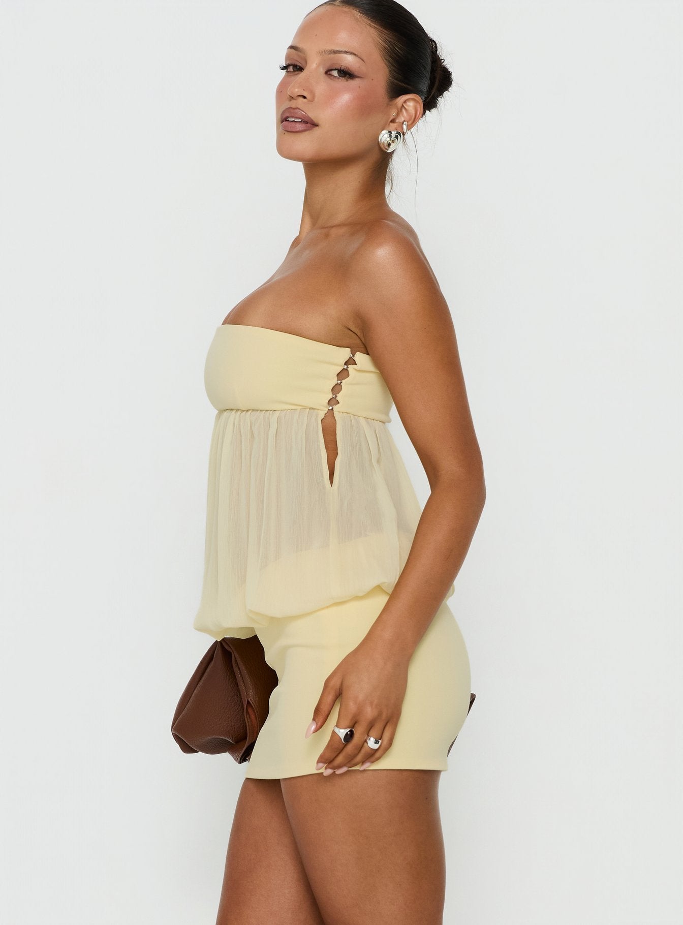 Howland Strapless Sheer Blouson Mini Dress Yellow