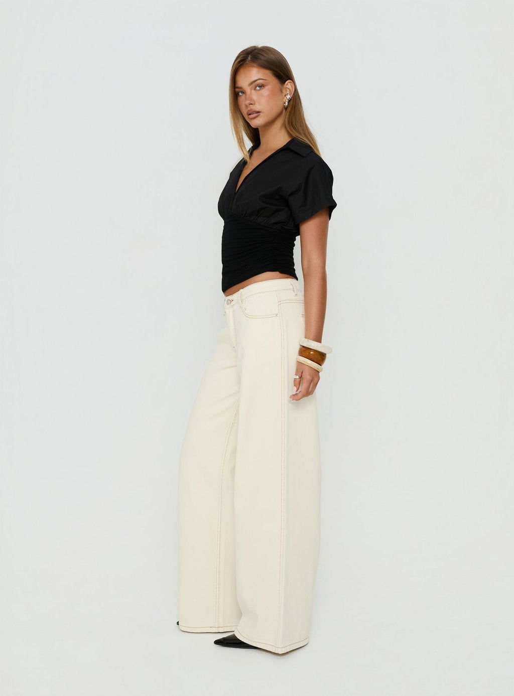 Ramos Low Rise Wide Leg Jeans Cream