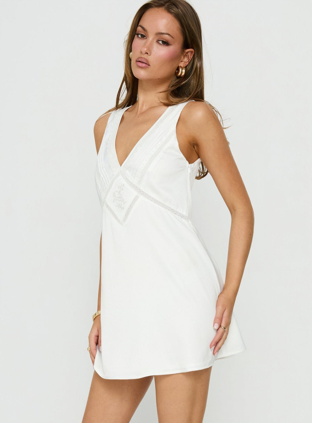 Holii Plunge Neck Embellished Mini Dress White