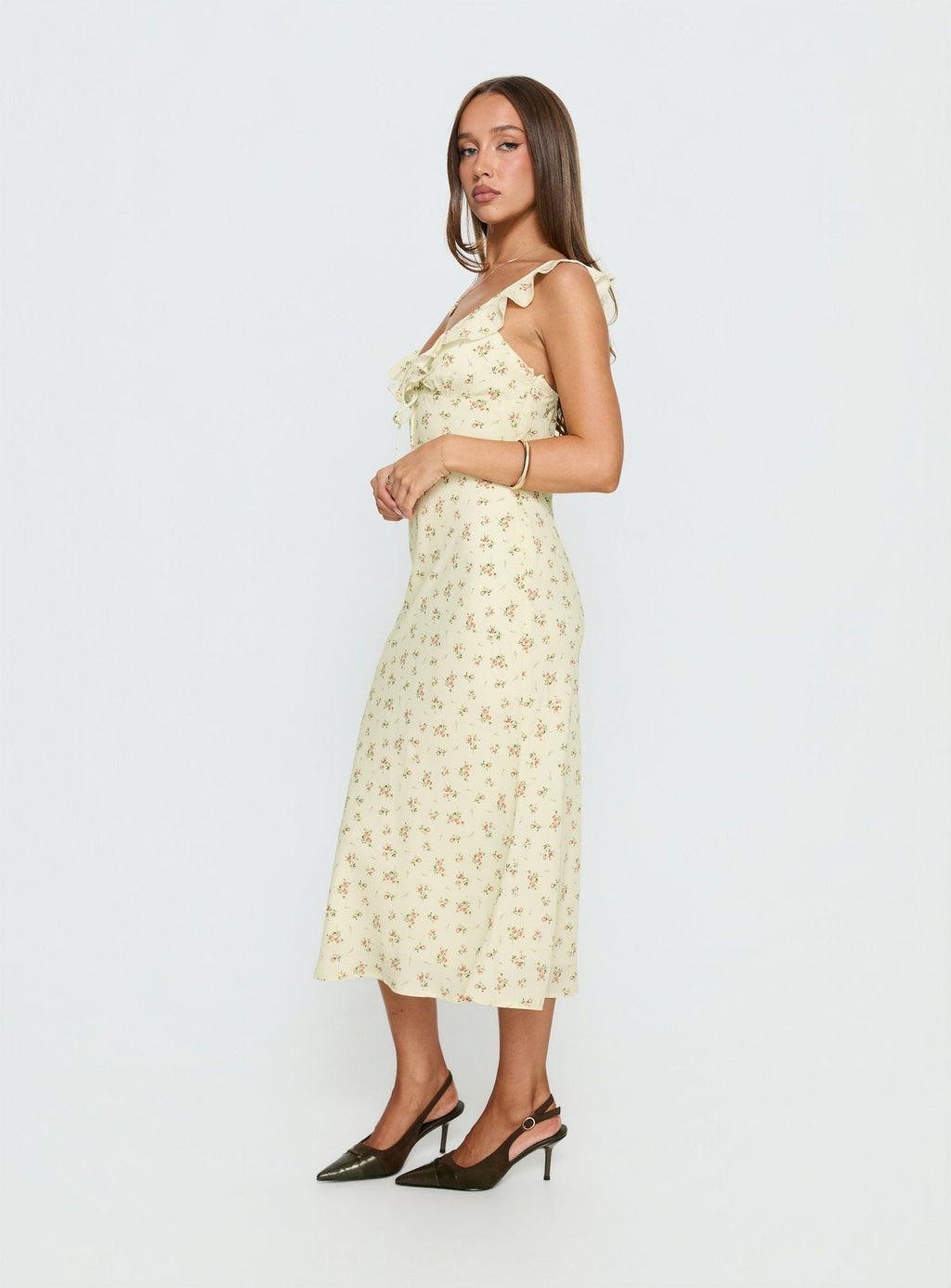 Leabelle Frill V Neck Maxi Dress Yellow Floral