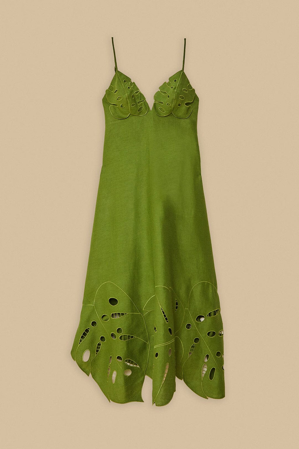 Green Monstera Embroidered Midi Dress