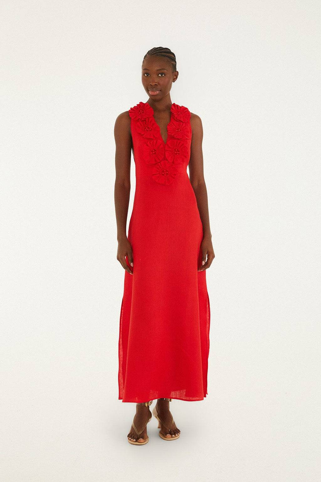 Red 3d Flower Maxi Dress