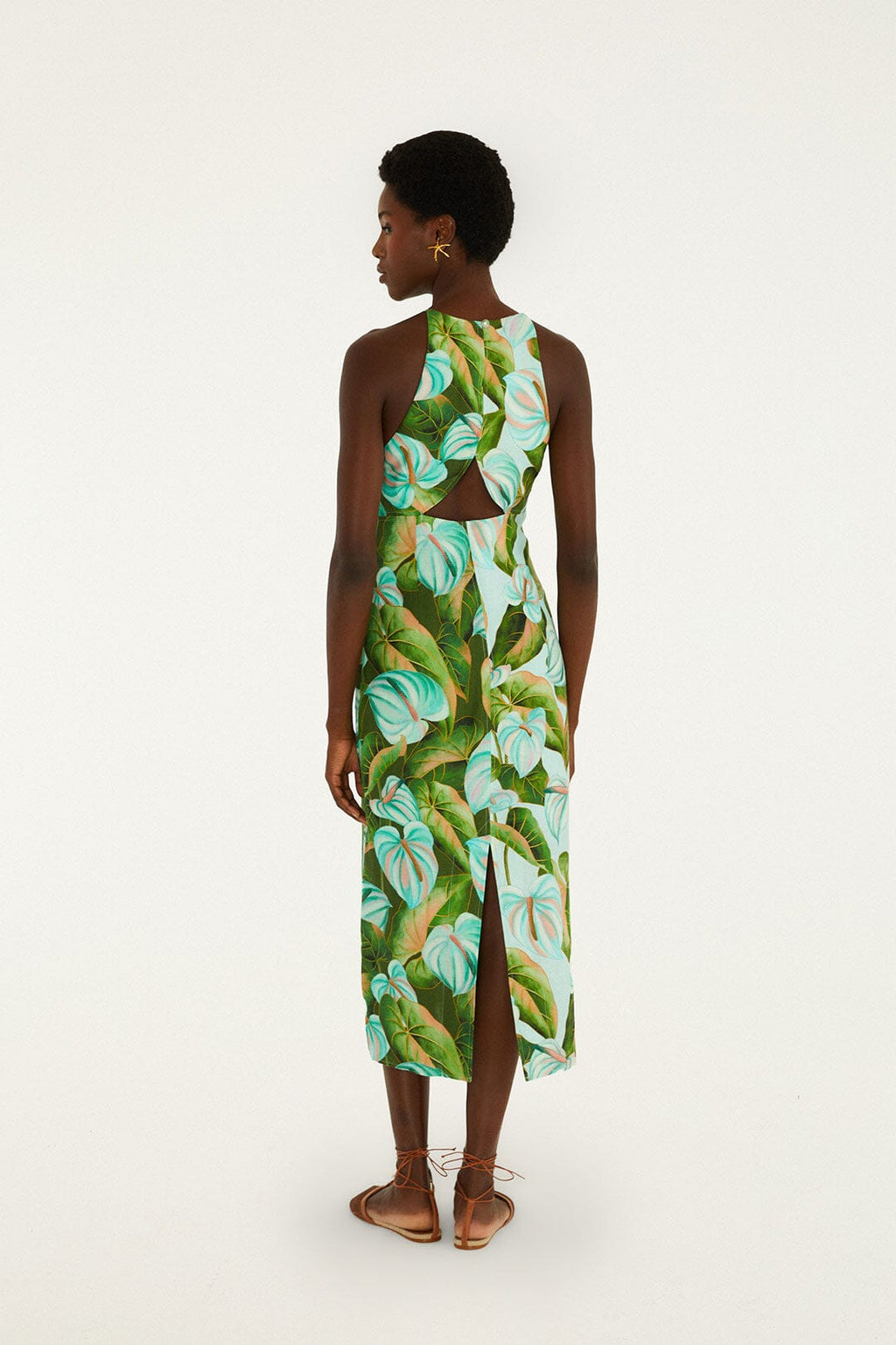 Green Anthurium Leaves Cut-Out Midi Dress