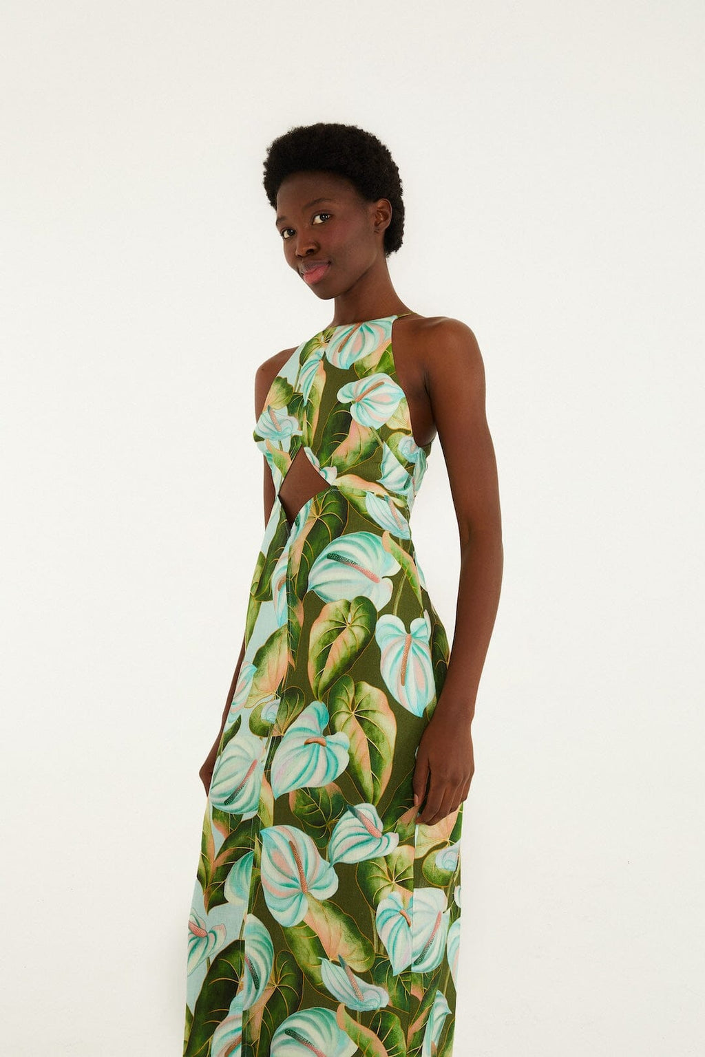 Green Anthurium Leaves Cut-Out Midi Dress