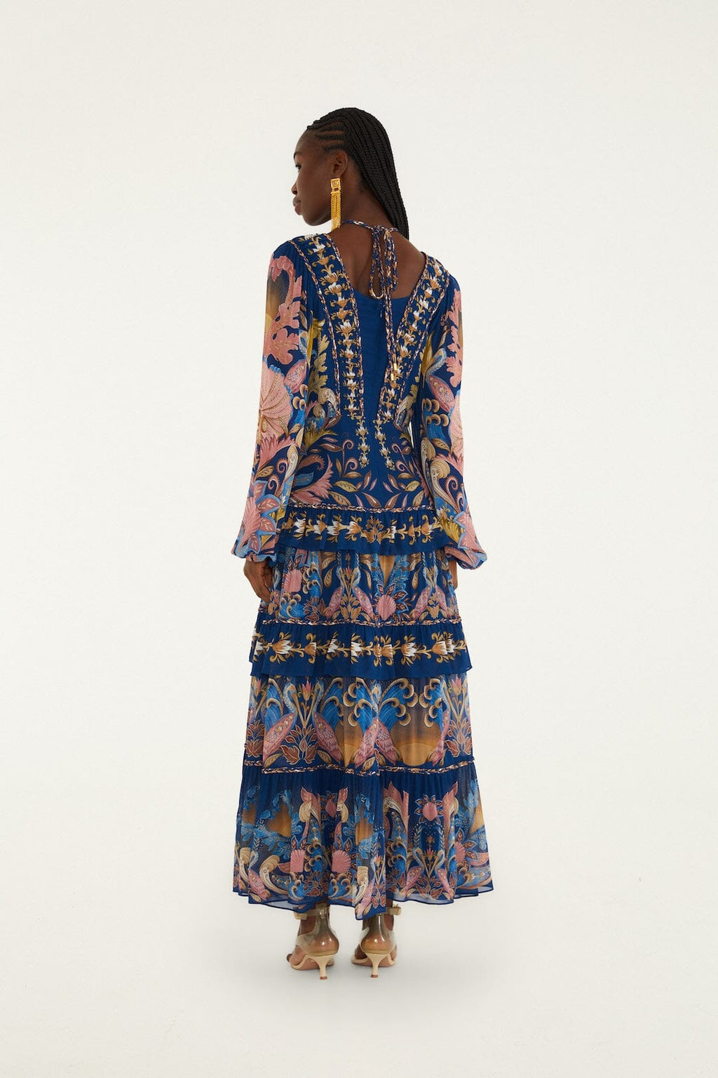 Navy Blue Sea Garden Braid Details Maxi Dress