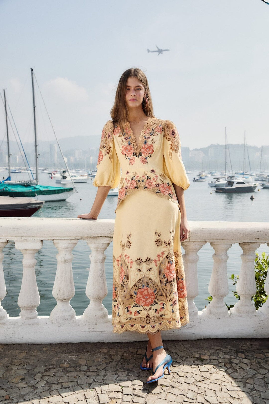 Butter Yellow Embroidered Midi Dress