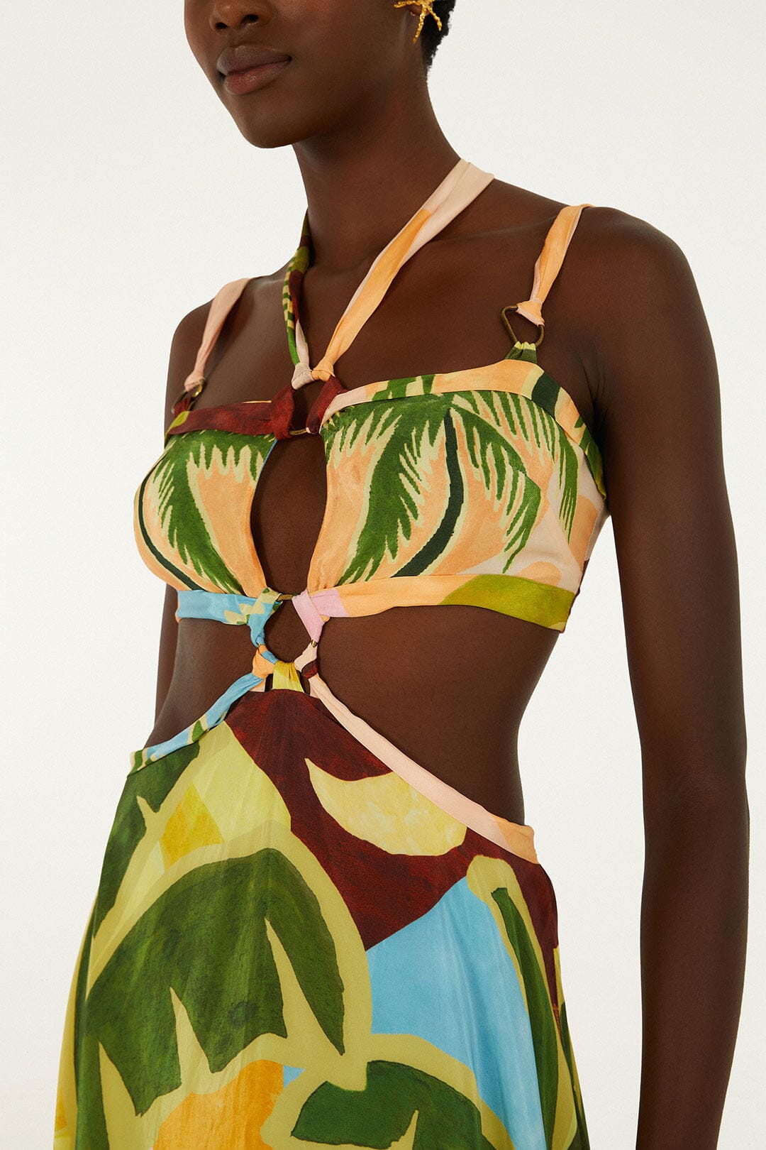 Multicolor Tropical Painting Cut-Out Buckles Maxi Dress