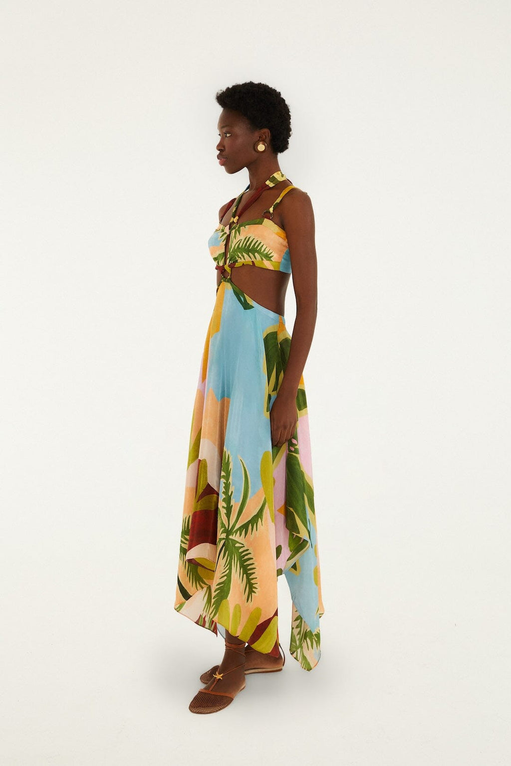Multicolor Tropical Painting Cut-Out Buckles Maxi Dress