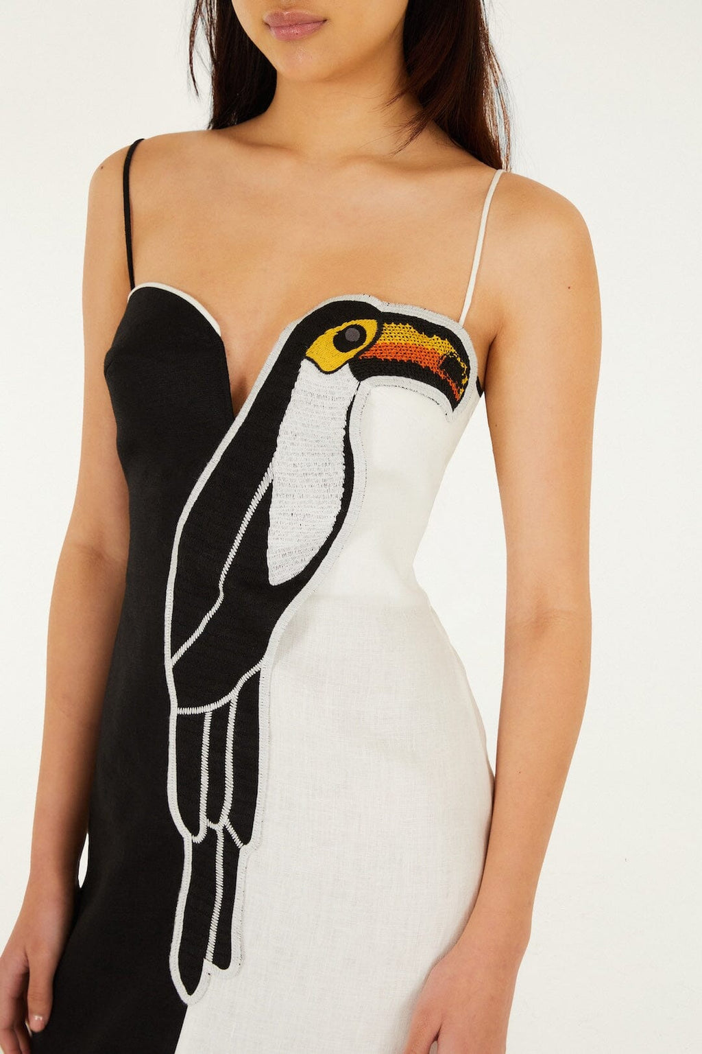 Black And White Embroidered Toucan Sleeveless Maxi Dress