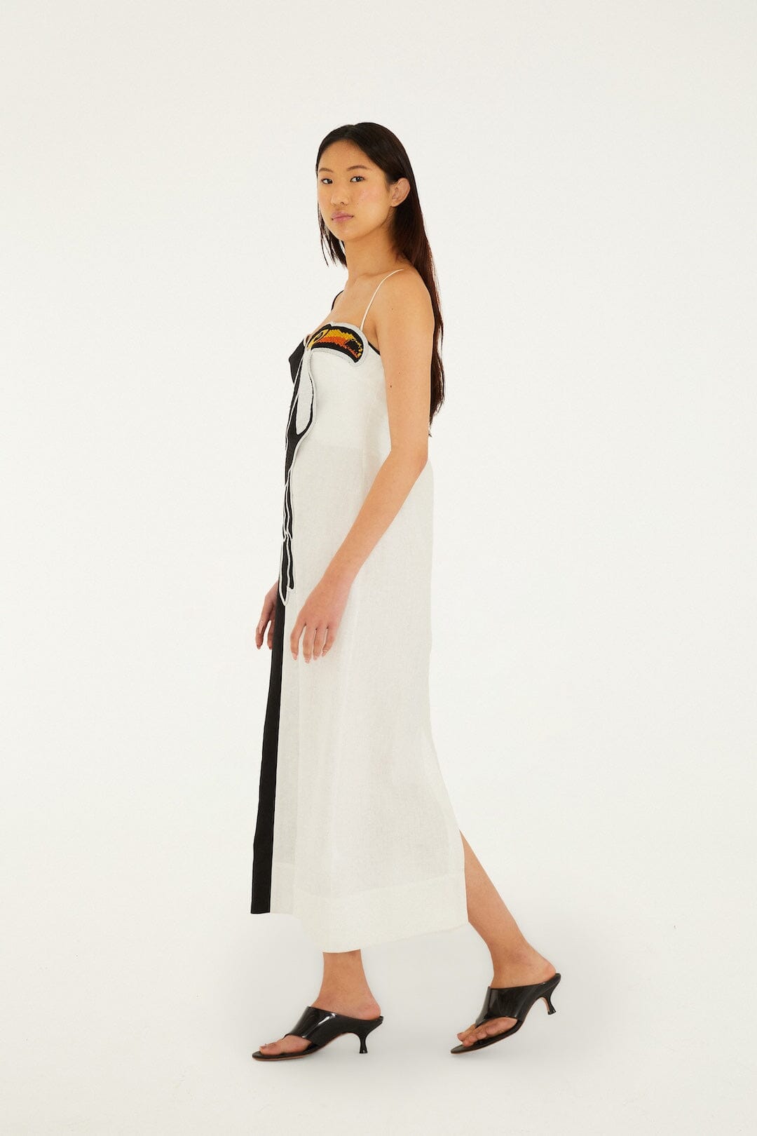 Black And White Embroidered Toucan Sleeveless Maxi Dress