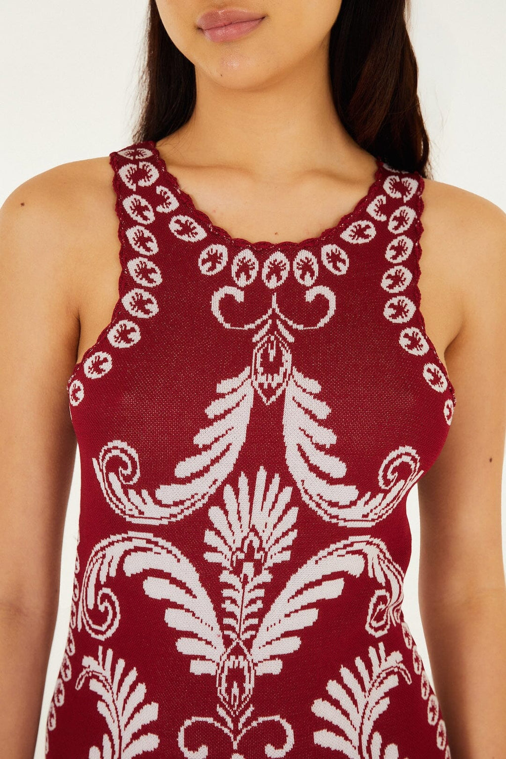Burgundy Garden Tapestry Fringe Knit Dress