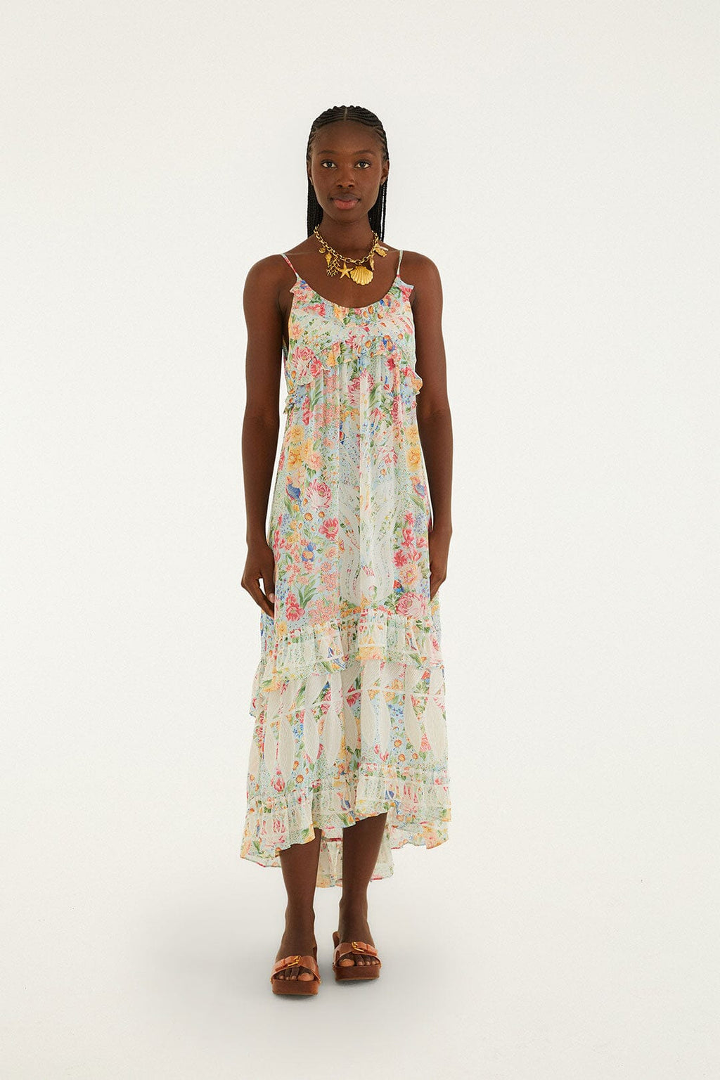 Multicolor Rendeira Ruffled Sleeveless Maxi Dress