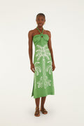 Green Palm Tree Embroidered Halter Neck Midi Dress