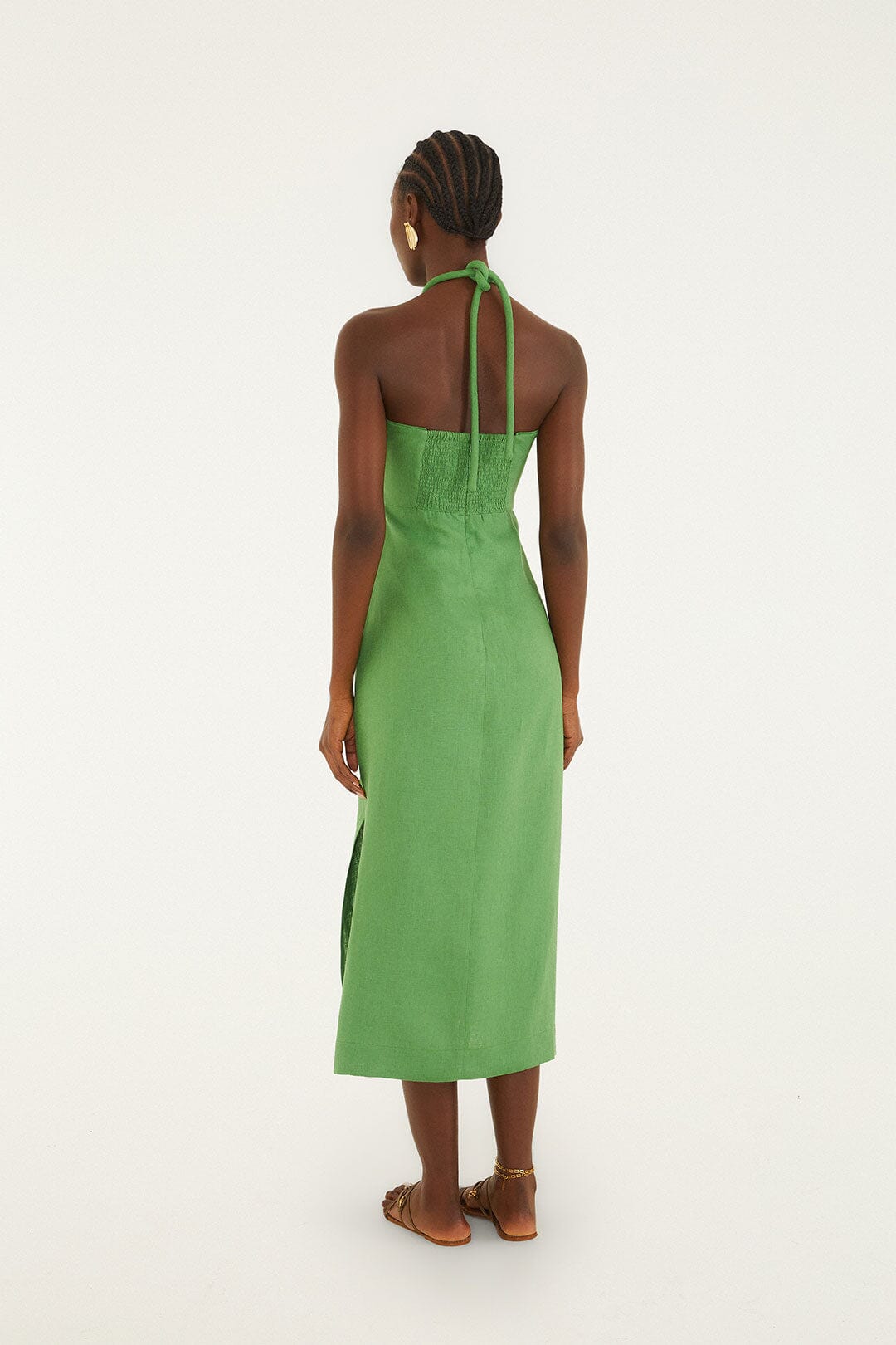 Green Palm Tree Embroidered Halter Neck Midi Dress