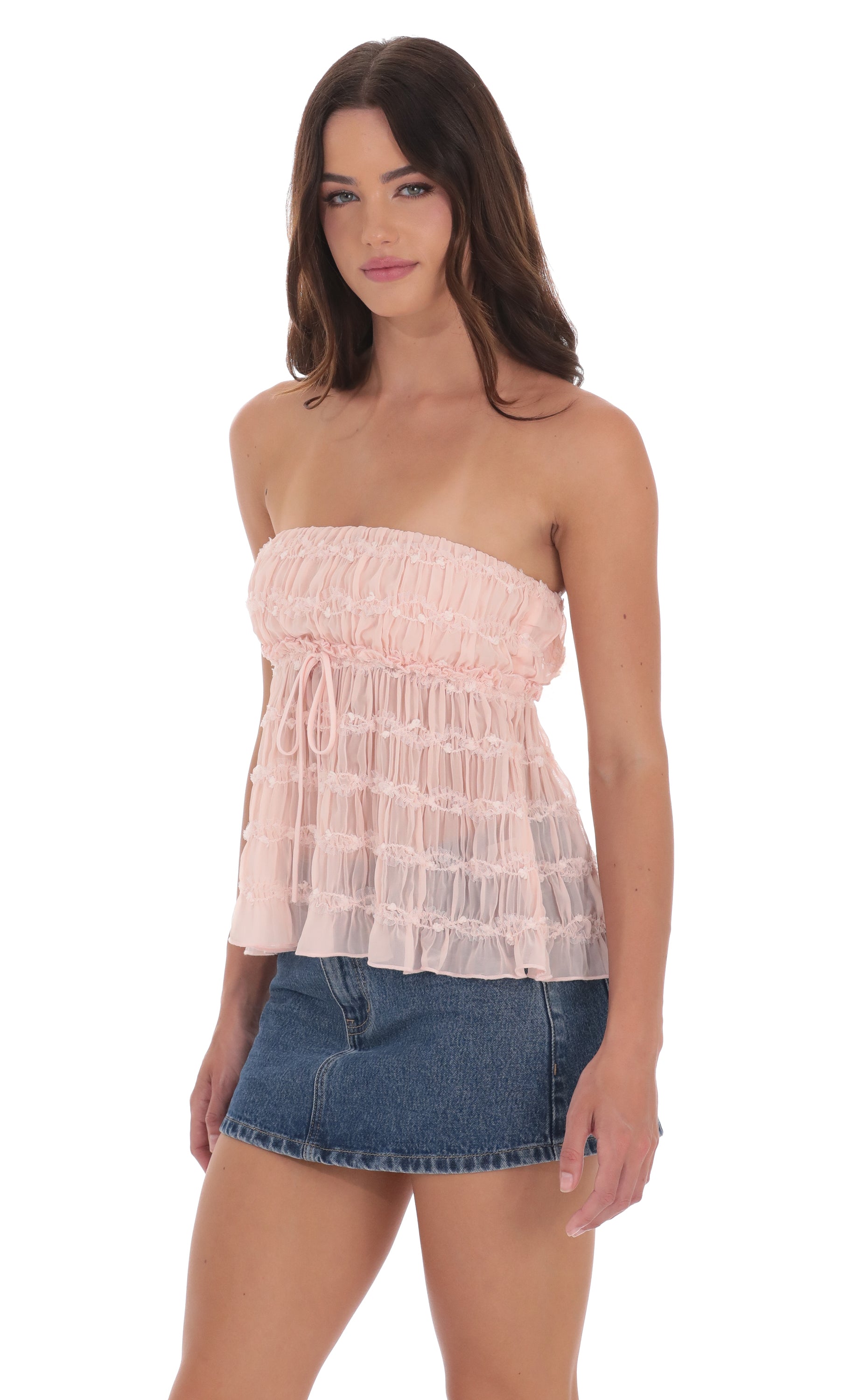 Smocked Strapless Babydoll Top in Pink