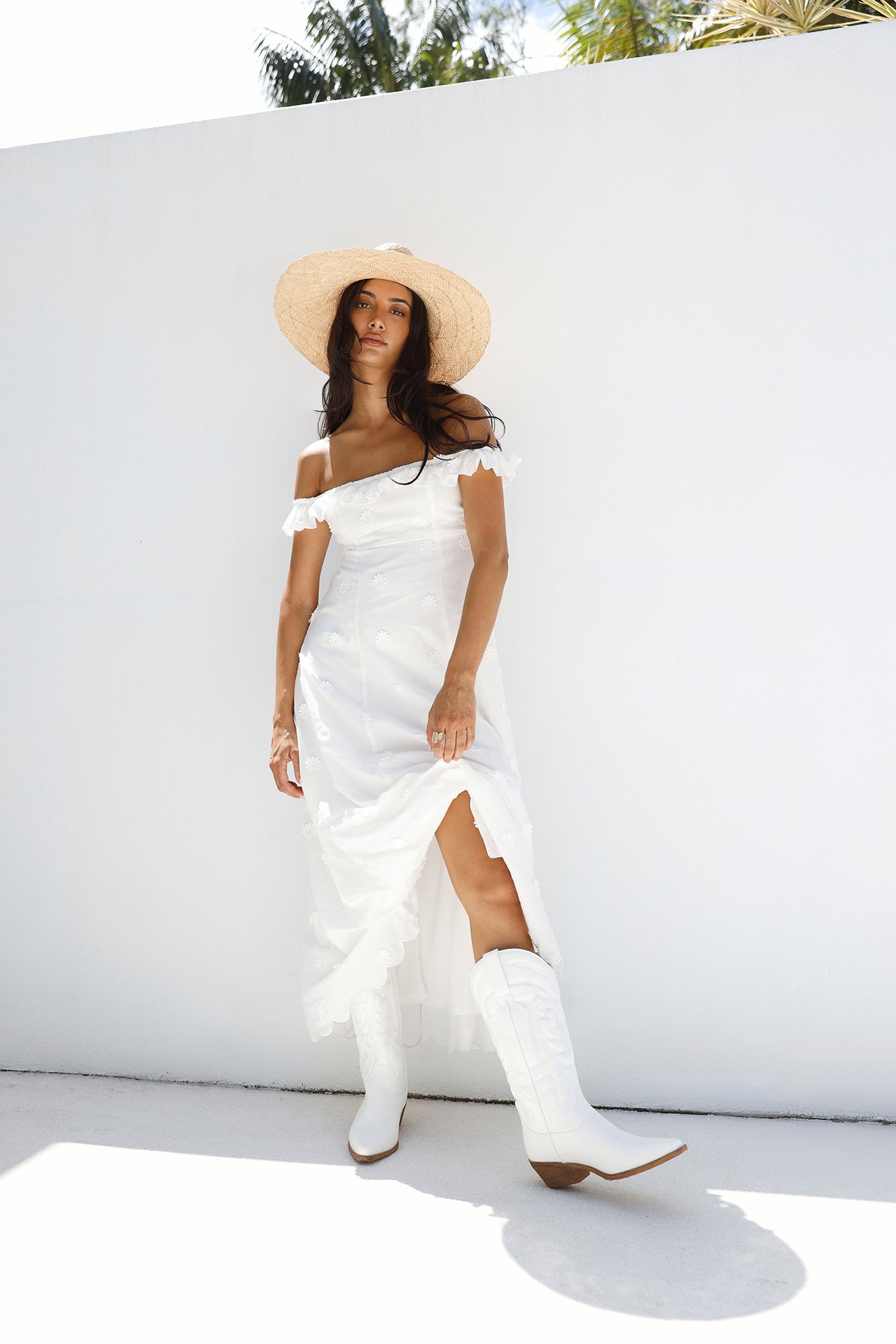 Sunset Waves Off Shoulder Maxi Dress Off White