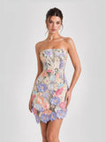 3D Floral Applique Strapless Mesh Mini Dress