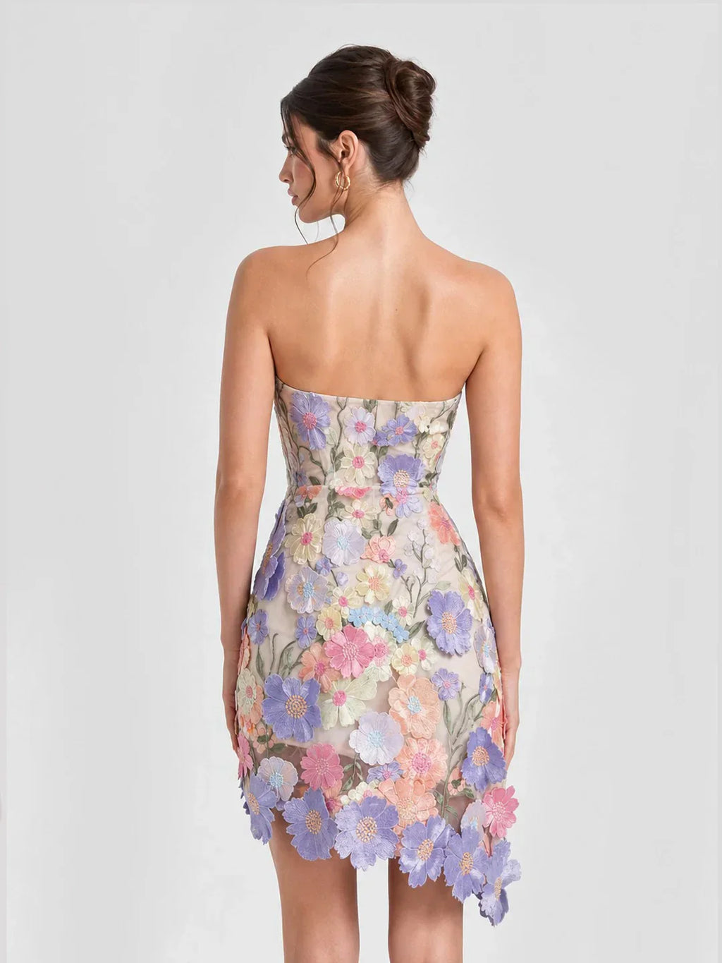 3D Floral Applique Strapless Mesh Mini Dress