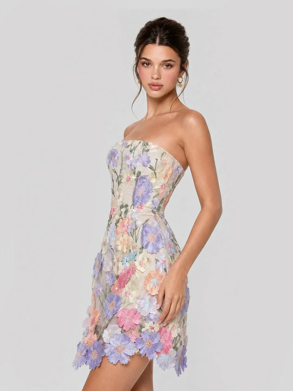3D Floral Applique Strapless Mesh Mini Dress