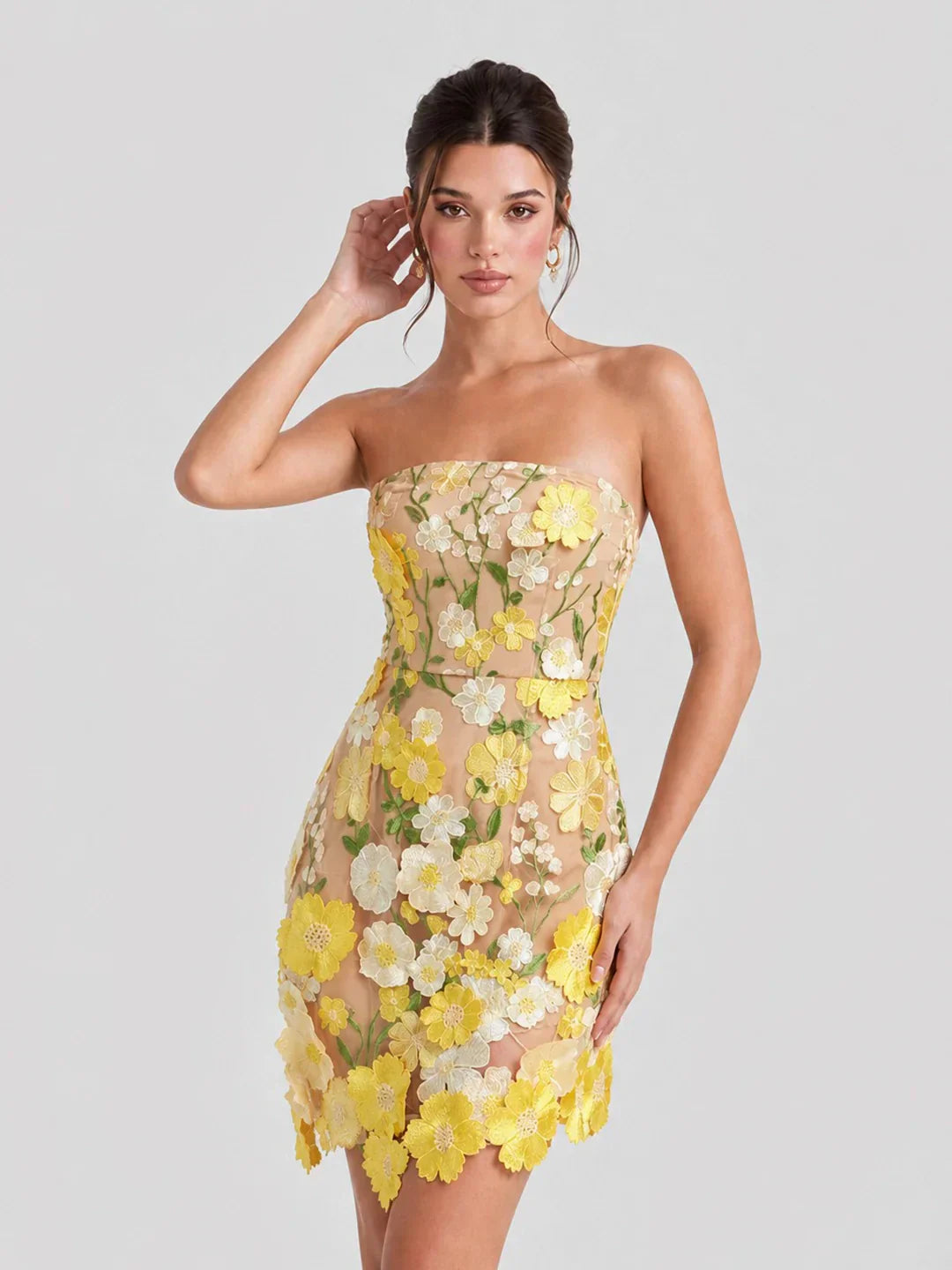 3D Floral Applique Strapless Mesh Mini Dress